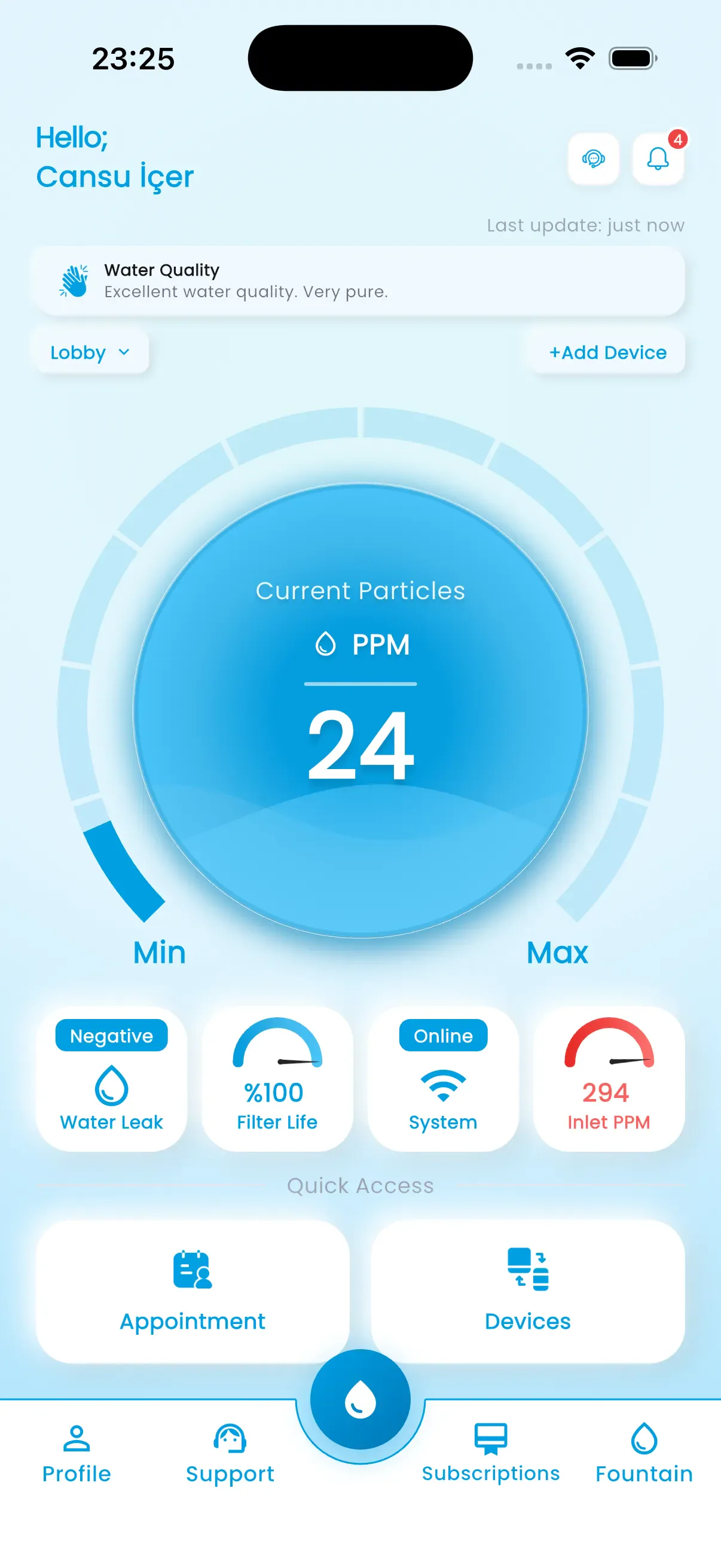 Suluk app home screen showing live water quality in PPM
